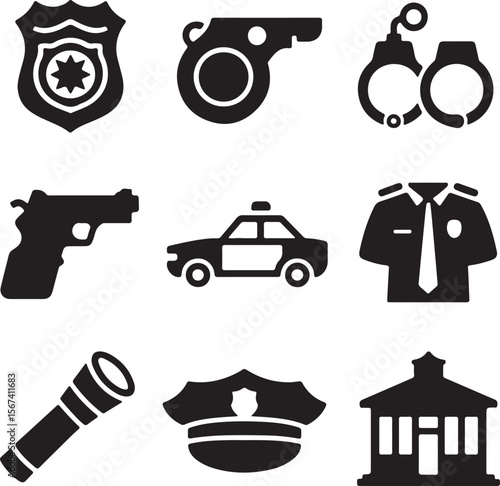 Law Enforcement Icons Police Badge, Handcuffs, Gun, Car, Uniform, Flashlight