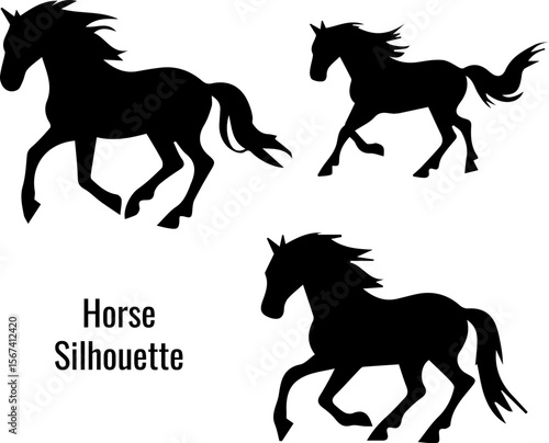 Elegant Horse Silhouettes A Trio of Black Equine Forms in Dynamic Poses Against a Clean White Background Horse Silhouette Collection