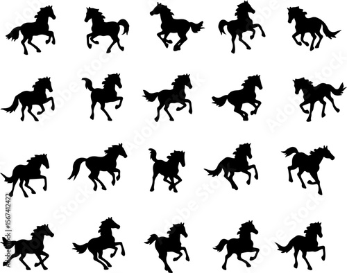 Dynamic Array of Black Horse Silhouettes in Various Poses Against a White Background Evoking Movement and Graceful Equine Forms