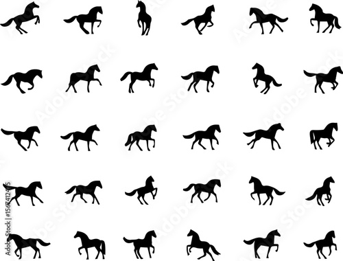 A Collection of Black Horse Silhouettes in Various Poses on a White Background Displaying Movement and Grace