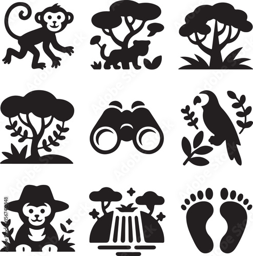 African Safari Adventure  Jungle Animals, Exploration Icons Set