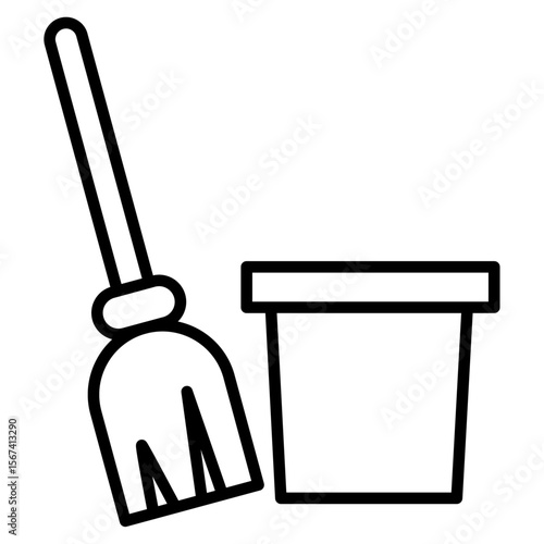besom with stick and pail icon flat thin outline art logo