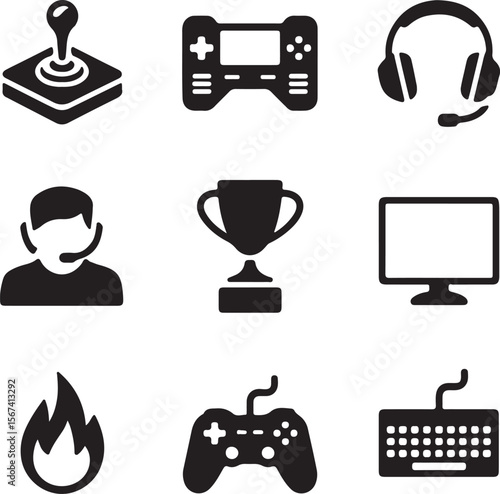 Gaming Icons Joystick, Controller, Headset, Gamer, Trophy, Monitor, Fire, Keyboard - Esports Vector Set