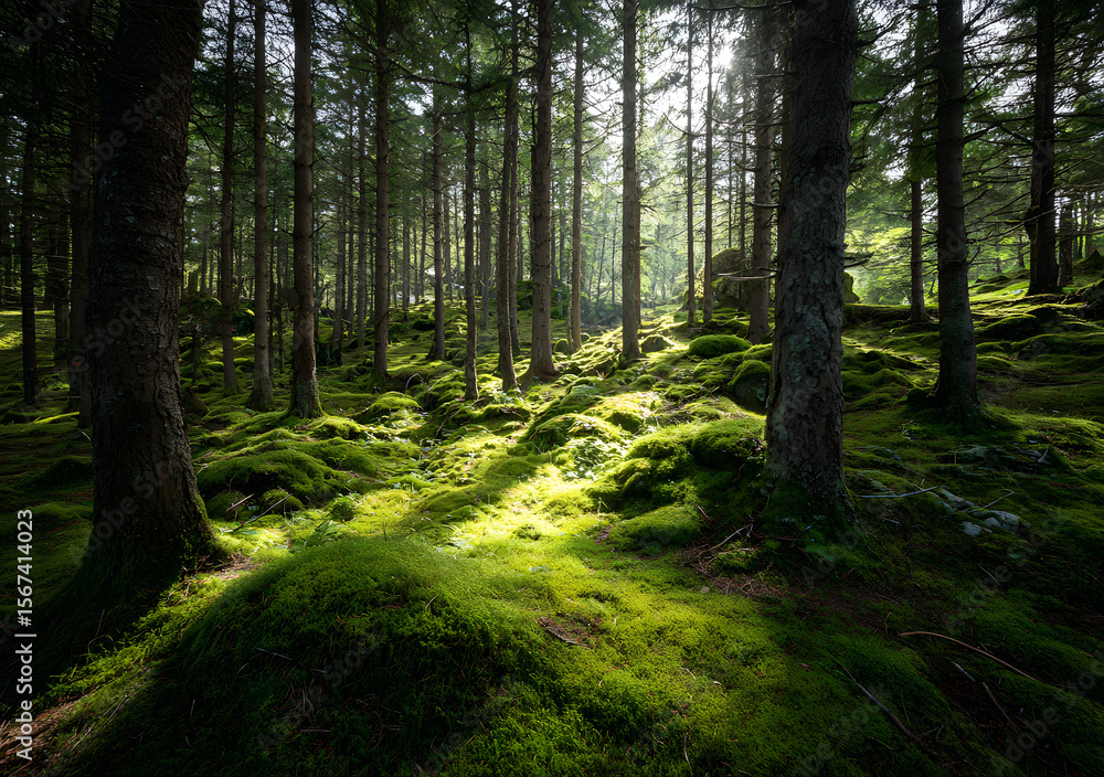 Obraz premium Sunlight streams through a pine forest illuminating rolling mounds of vibrant green moss on the forest floor