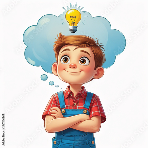 A boy with a light bulb above his head signifies he is thinking of an idea.