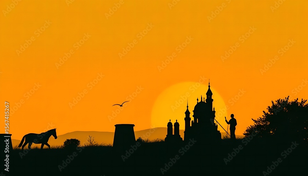Fototapeta premium Orange sunset sky over tower building and industry factory installation at field with a walking horse and a construction work working man silhouette
