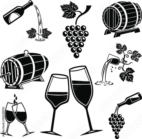 Wine Bottle Glass Barrel Silhouettes Vector Set