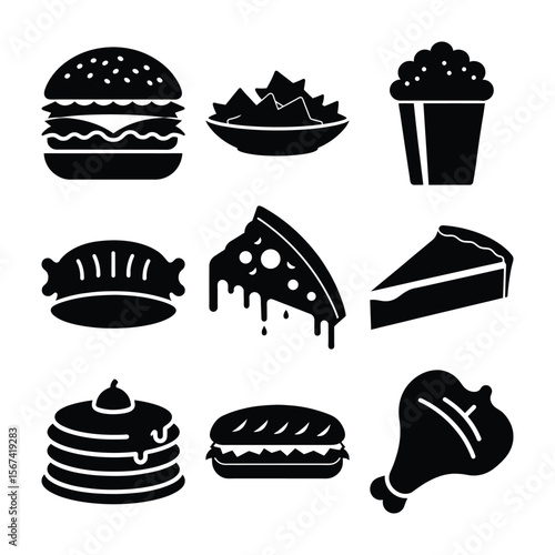 Delicious Food Icons Burger, Pizza, Popcorn, and More