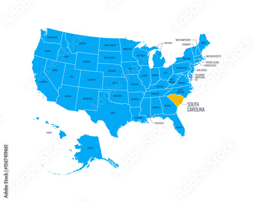 USA Map with state names, highlighted at South Carolina. Easy to edit vector