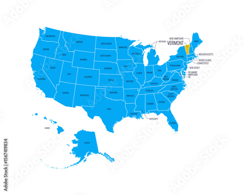 USA Map with state names, highlighted at Vermont. Easy to edit vector