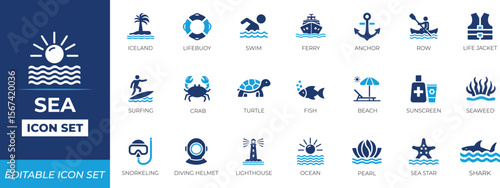 Sea icon set. Solid icon design collection.
