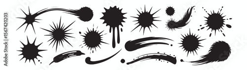 Explosion, crack, and bullet hole silhouettes in vector style. Damaged glass, shattered impact, and burst effects ideal for comic books, gaming, digital art, and action theme graphic design projects