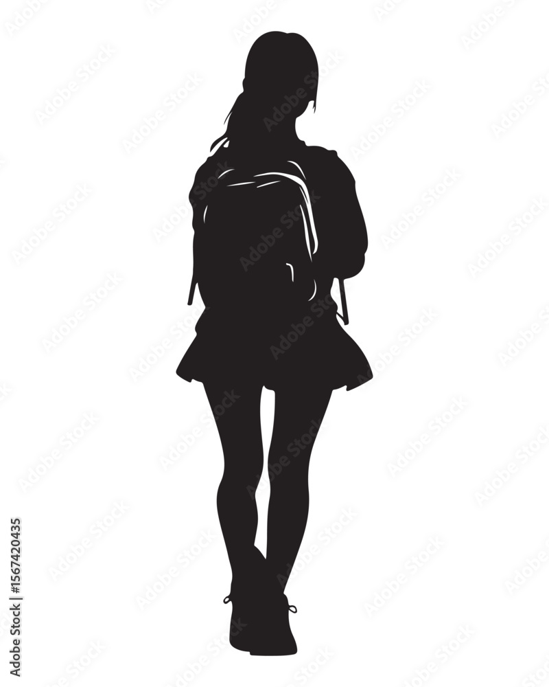 Isolated silhouette of a girl with school backpack going to school, Girl student silhouette isolated on white background, Kids graduate symbol, Education in back to school vector illustration Isolated silhouette of a girl with school backpack going to school, Girl student silhouette isolated on white background, Kids graduate symbol, Education in back to school vector illustration