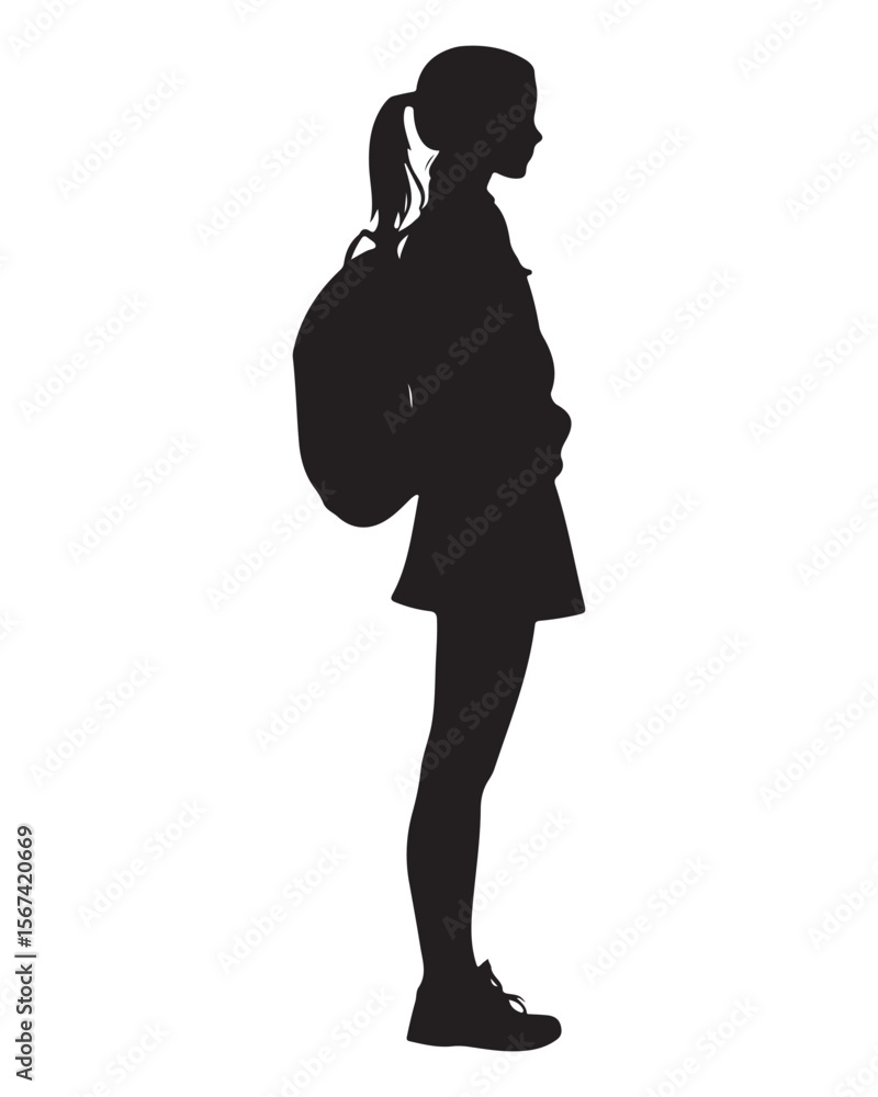Isolated silhouette of a girl with school backpack going to school, Girl student silhouette isolated on white background, Kids graduate symbol, Education in back to school vector illustration Isolated silhouette of a girl with school backpack going to school, Girl student silhouette isolated on white background, Kids graduate symbol, Education in back to school vector illustration