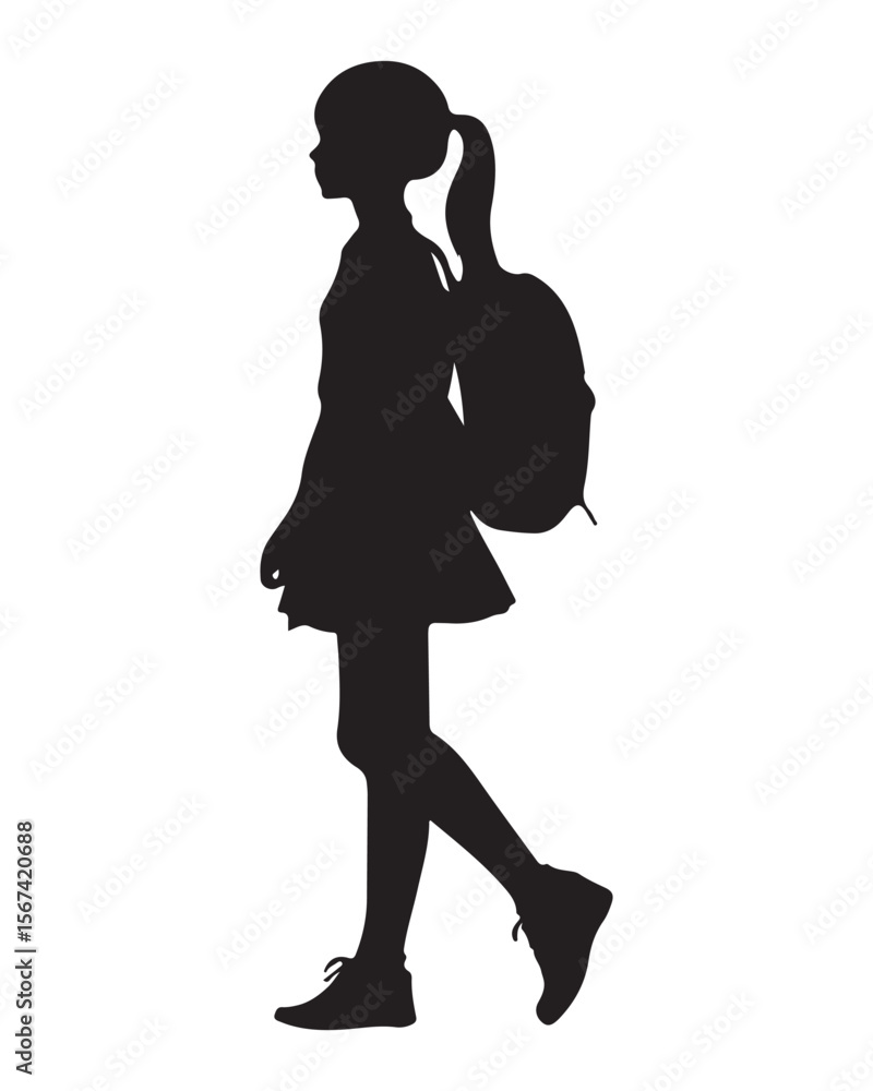 Isolated silhouette of a girl with school backpack going to school, Girl student silhouette isolated on white background, Kids graduate symbol, Education in back to school vector illustration Isolated silhouette of a girl with school backpack going to school, Girl student silhouette isolated on white background, Kids graduate symbol, Education in back to school vector illustration