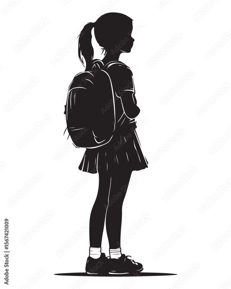 Isolated silhouette of a girl with school backpack going to school, Girl student silhouette isolated on white background, Kids graduate symbol, Education in back to school vector illustration Isolated silhouette of a girl with school backpack going to school, Girl student silhouette isolated on white background, Kids graduate symbol, Education in back to school vector illustration