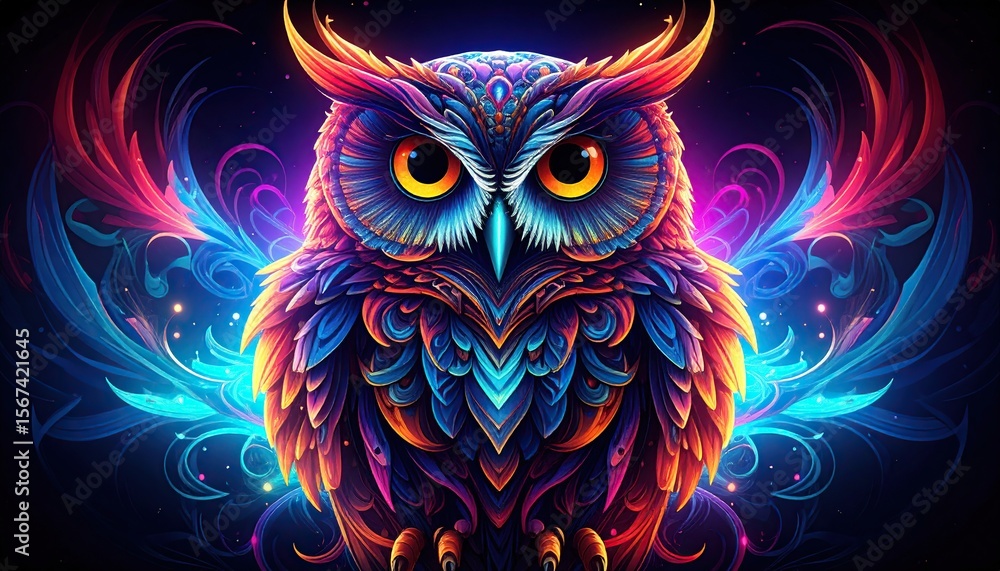 A vivid owl portrait with glowing plumage in stunning neon colors against a dark backdrop showcasing digital artwork A vivid owl portrait with glowing plumage in stunning neon colors against a dark backdrop showcasing digital artwork