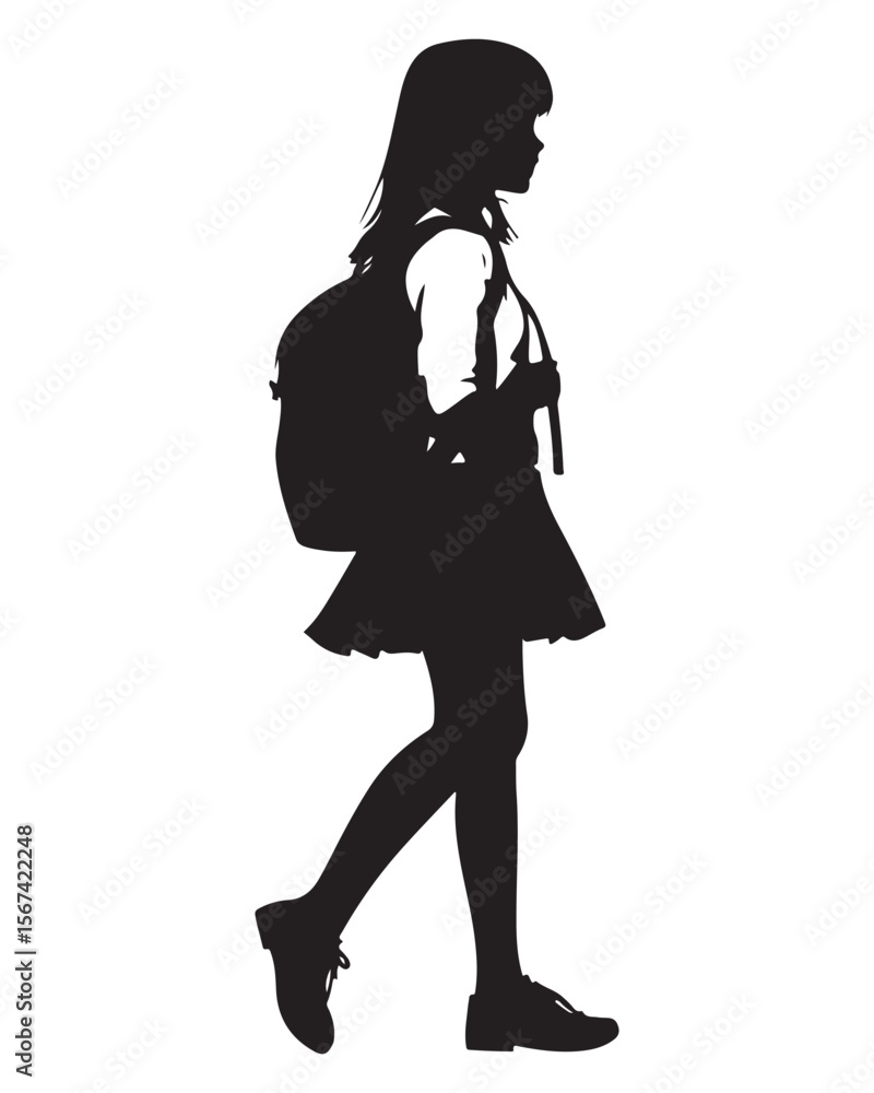Isolated silhouette of a girl with school backpack going to school, Girl student silhouette isolated on white background, Kids graduate symbol, Education in back to school vector illustration Isolated silhouette of a girl with school backpack going to school, Girl student silhouette isolated on white background, Kids graduate symbol, Education in back to school vector illustration