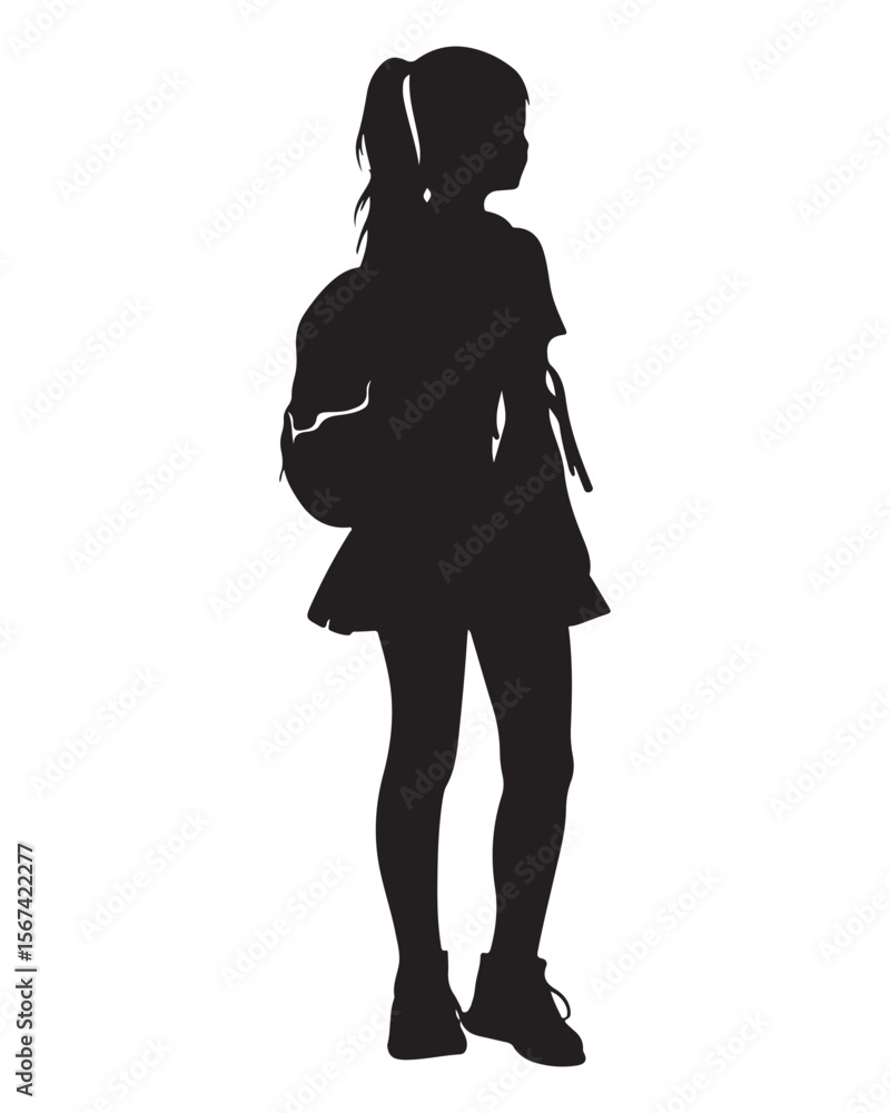 Isolated silhouette of a girl with school backpack going to school, Girl student silhouette isolated on white background, Kids graduate symbol, Education in back to school vector illustration Isolated silhouette of a girl with school backpack going to school, Girl student silhouette isolated on white background, Kids graduate symbol, Education in back to school vector illustration
