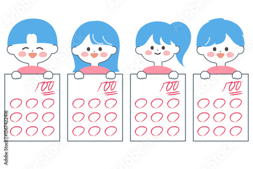 100点満点のテストを持って喜ぶ子どもたちのイラスト