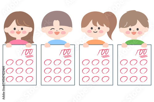 100点満点のテストを持って喜ぶ子どもたちのイラスト