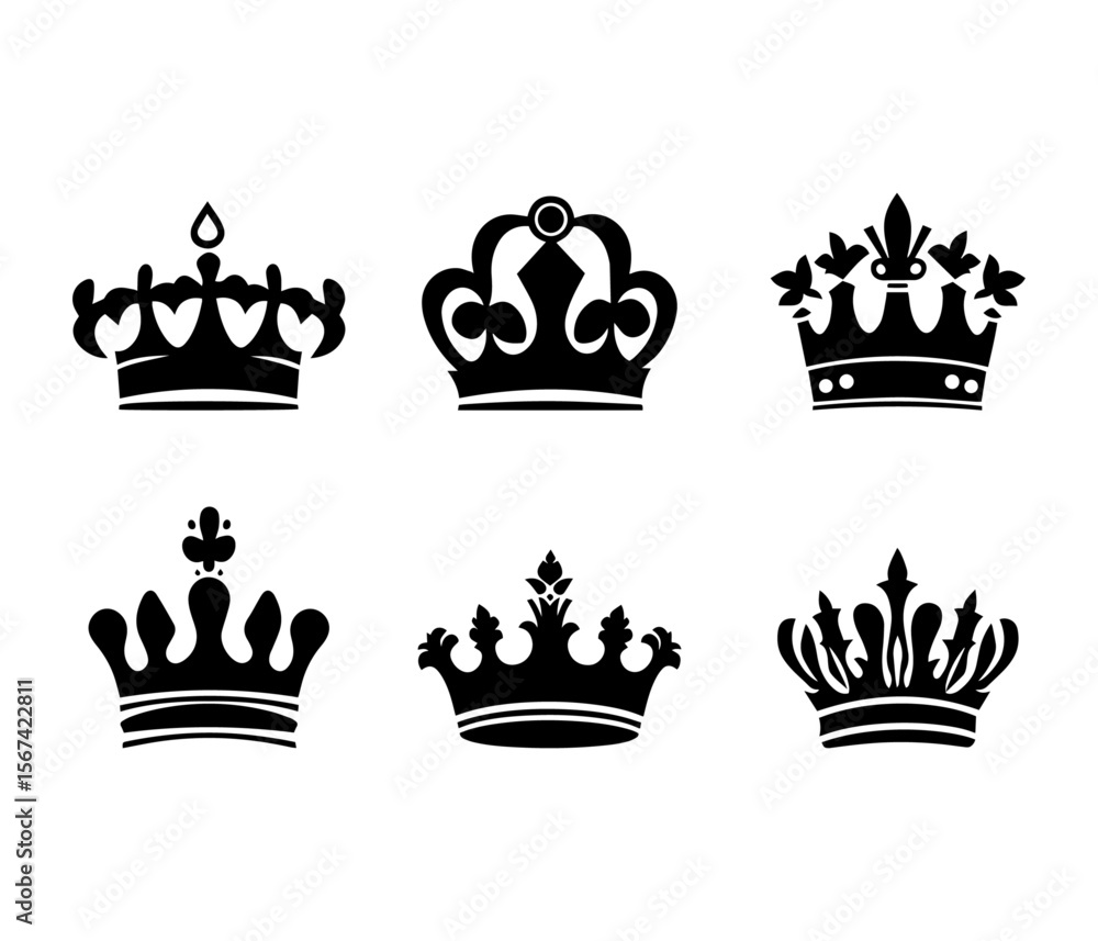 Fototapeta premium black silhouette set of crown icon on white background 
