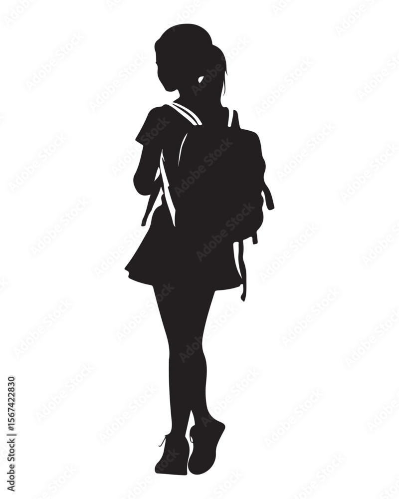 Isolated silhouette of a girl with school backpack going to school, Girl student silhouette isolated on white background, Kids graduate symbol, Education in back to school vector illustration Isolated silhouette of a girl with school backpack going to school, Girl student silhouette isolated on white background, Kids graduate symbol, Education in back to school vector illustration