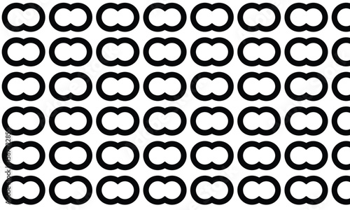 Repeating pattern of interlocking black circles on white background.  Geometric design with symmetrical, minimalist aesthetic.