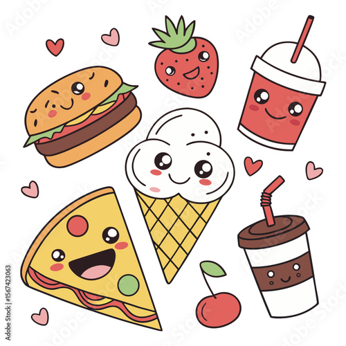 Adorable kawaii food and drinks assortment strawberry