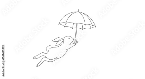 Flat cartoon vector of a rabbit skydiving with a large open umbrella instead of parachute, silly and whimsical concept