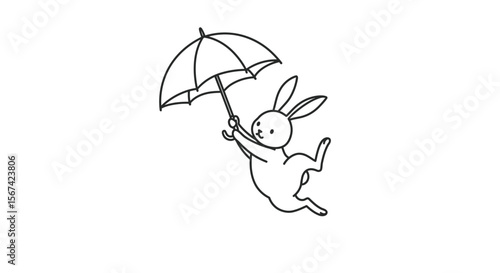 Minimalist vector of a bunny in freefall holding an umbrella with ears flying, outline style on white.