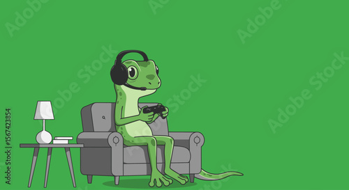 Flat cartoon outline vector of a gecko sitting on a couch playing video games with a controller