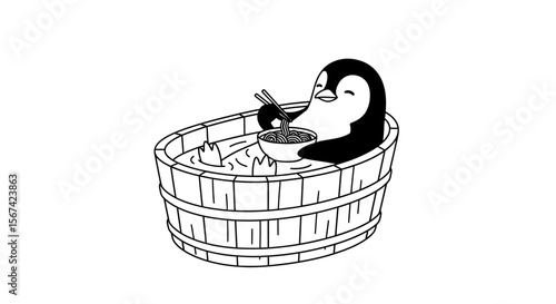 Minimalist outline of a penguin soaking in a wooden bath eating noodles with relaxed expression, clean editable lines.