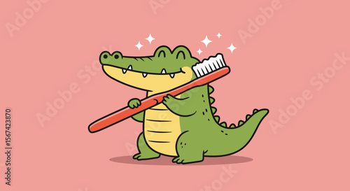Flat vector of a crocodile brushing teeth with giant toothbrush