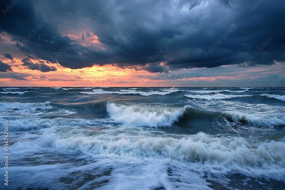 Fototapeta premium Dramatic ocean waves crashing against the shore under stormy clouds at sunset
