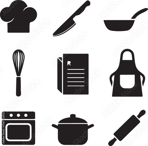 Culinary Icons Chef Hat, Knife, Pan, Whisk, Recipe, Apron, Oven, Pot, Rolling Pin - Cooking & Baking Essentials