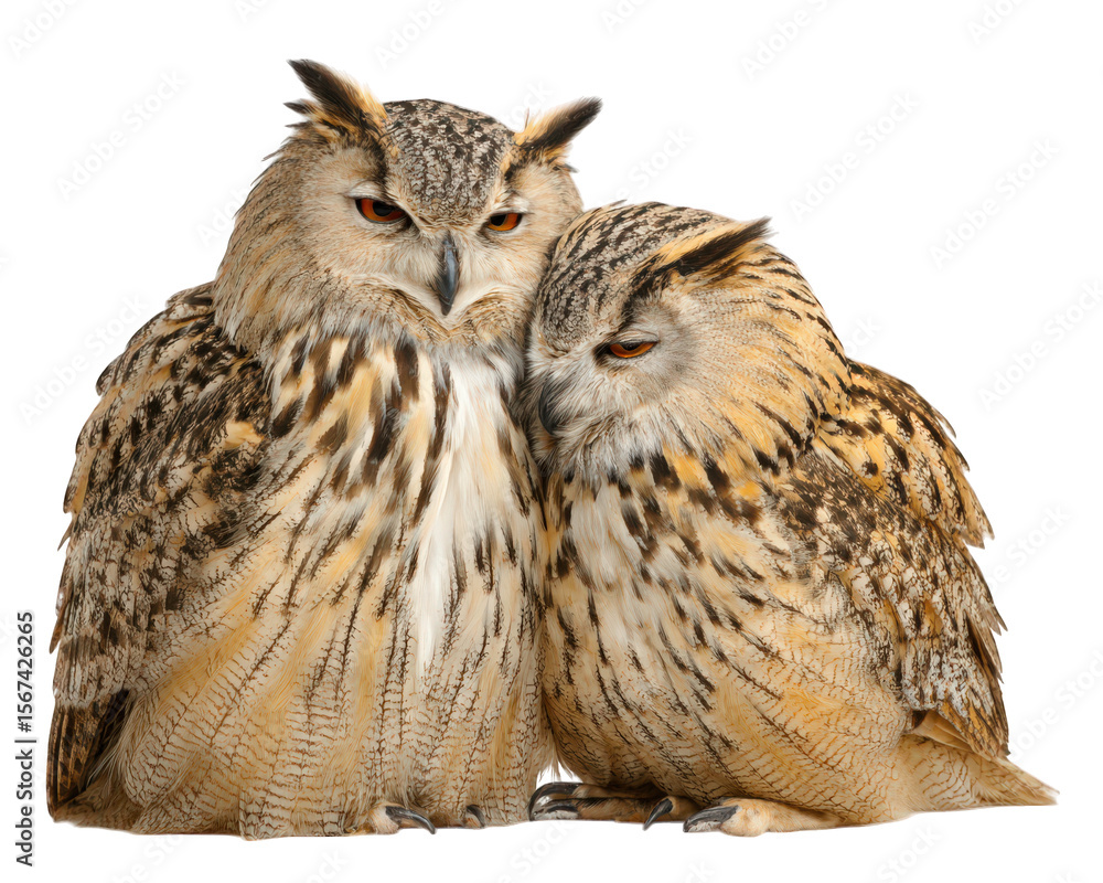 Fototapeta premium Pair of owl bird couple isolated on transparency background close together soft feather affectionate wildlife nature animal beautiful pattern calm peaceful loving natural
