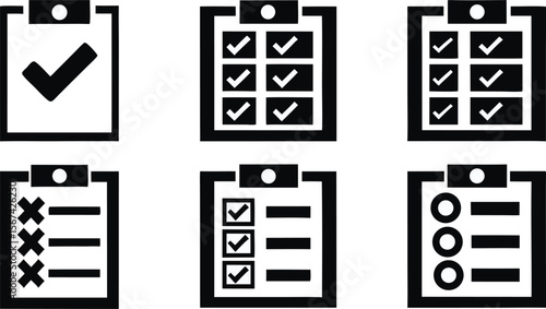 Checklist Icons Set,Task Lists, To-Do Lists, and Clipboard Symbols,Flat vector clipart of a checklist clipboard,document with pencil vector icon set, Todo list icon,Black check mark icons set,icon,Ai
