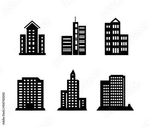 black silhouette set of building Icon on white background 