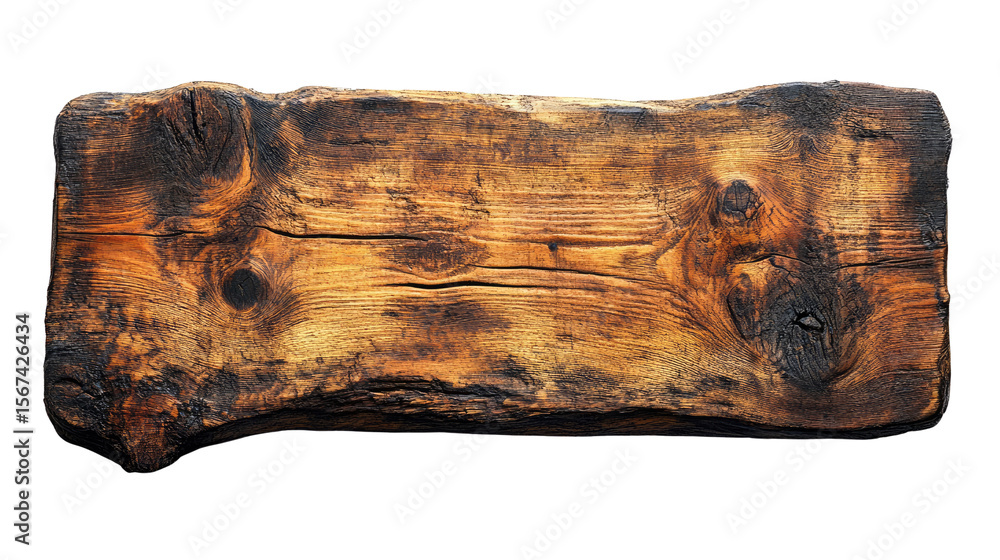 A rustic wooden plank with a weathered texture, offering a visual journey of time and natural wear Isolated On White and Cutout A rustic wooden plank with a weathered texture, offering a visual journey of time and natural wear Isolated On White and Cutout
