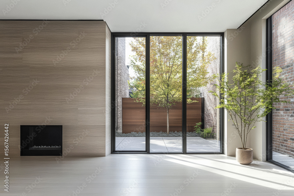 Fototapeta premium Modern living space features large windows and indoor greenery with a view of an outdoor garden in bright daylight