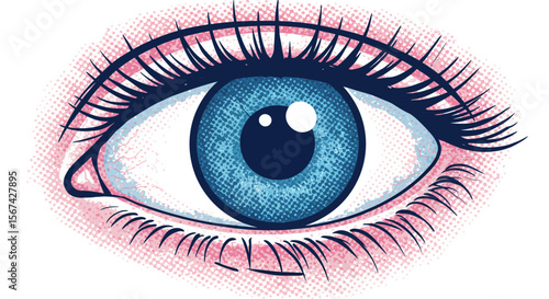 Illustration of a striking blue eye with detailed lashes and a halftone background