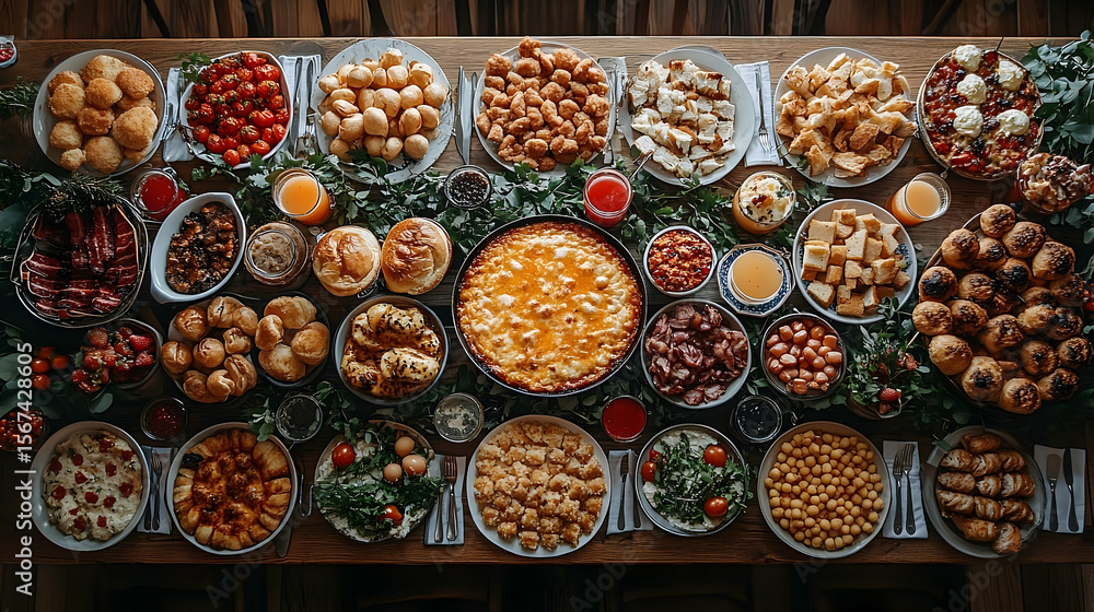 Fototapeta premium Abundant food table overhead view delicious meal feast buffet