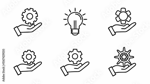 Collection of line art icons representing hands holding gears and a lightbulb isolated on white background