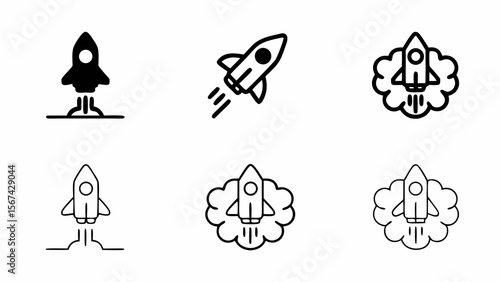 Collection of rocket launch icons representing space travel and startups isolated on white background