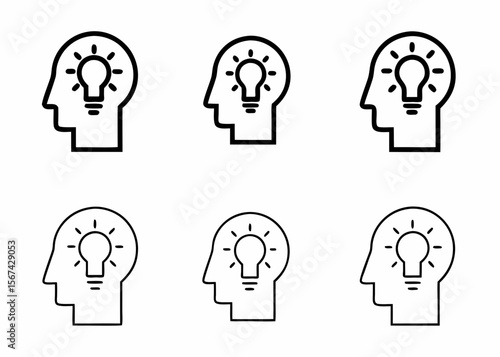 Six icons representing human head with light bulb idea isolated on white background