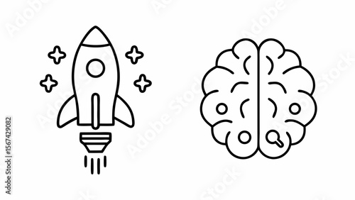Rocketship launching next to a stylized brain icon isolated on white background