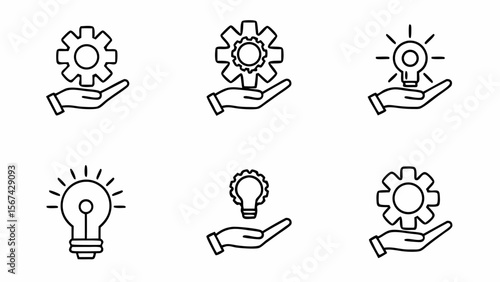 Collection of line art icons representing ideas and solutions held in hands isolated on white background