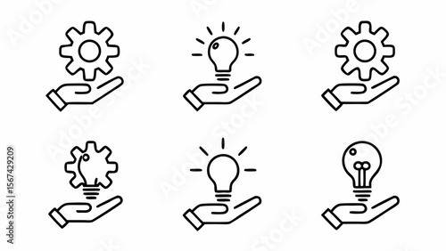 Set of six line art icons showing hands holding gears and lightbulbs isolated on white background