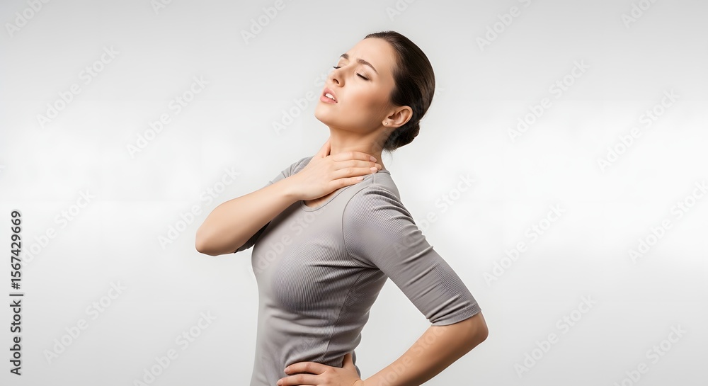 Obraz premium Woman in grey shirt experiencing neck pain, holding her neck and lower back